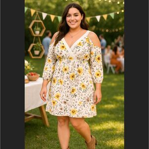 Torrid Floral Skater Dress Size 0X LARGE 12 Ivory Cold Shoulder Gauze Boho Fall